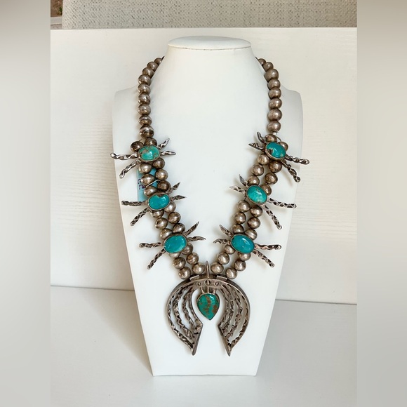Navajo 1950’s sterling silver turquoise squash blossom necklace - Picture 1 of 6